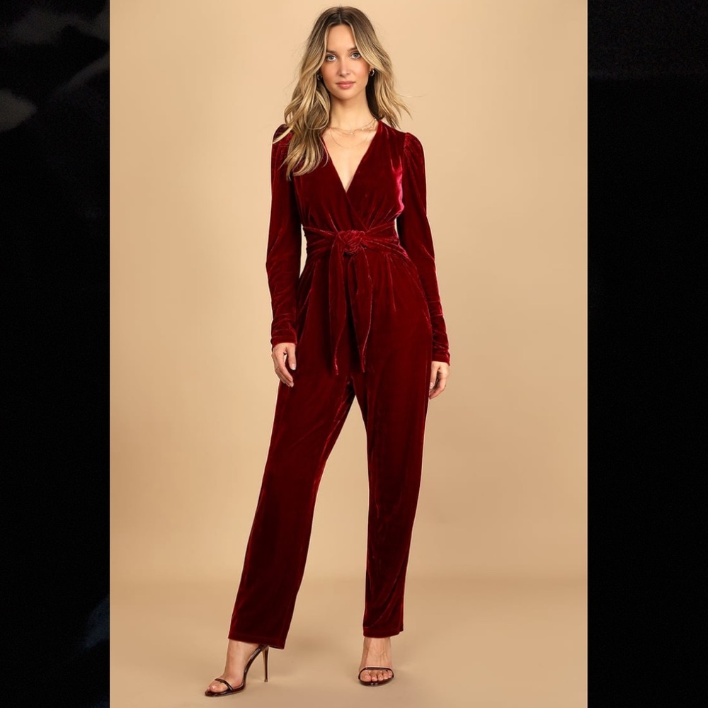 Feeling Festive Burgundy Red Velvet Surplice Long Sleeve Jumpsuit